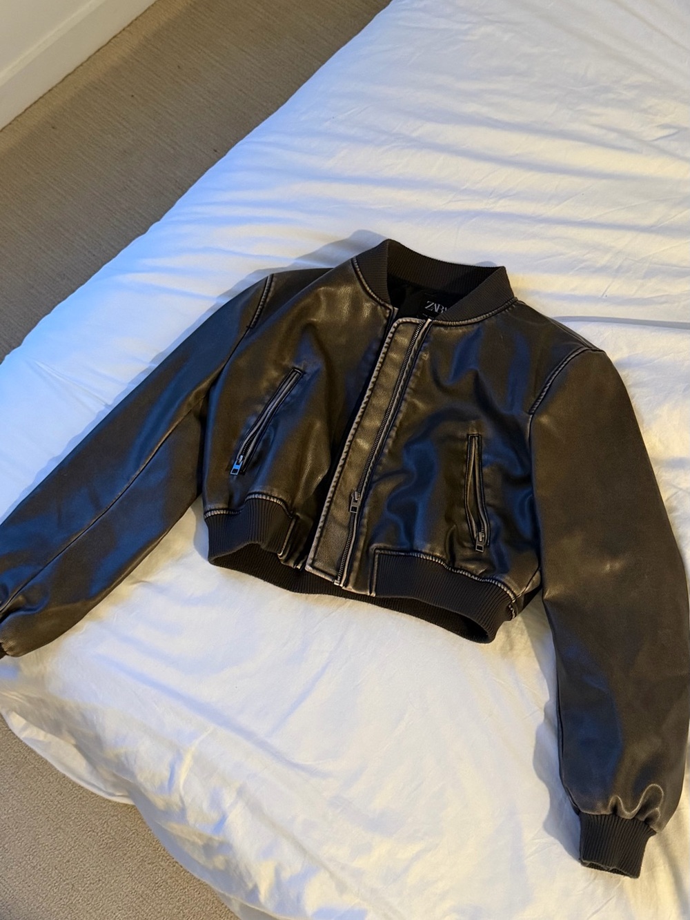 Zara Black Cropped Faux Leather Bomber Jacket - Ribbed Trim